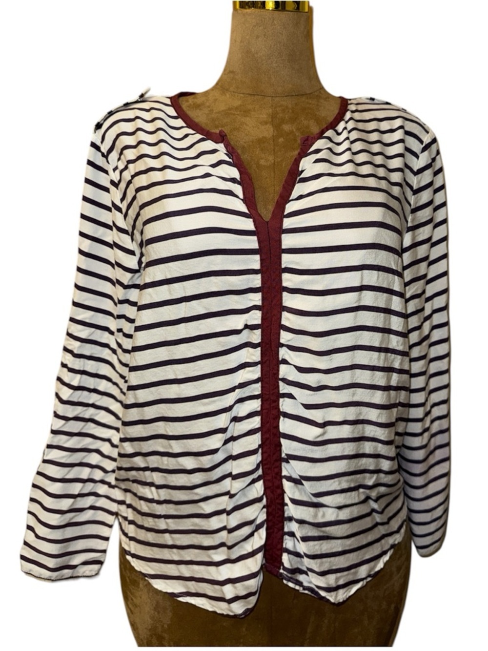ZARA BASIC Damen Blouse, Blue White Stripe, Burgundy Trim, Lightweight Modal XXL